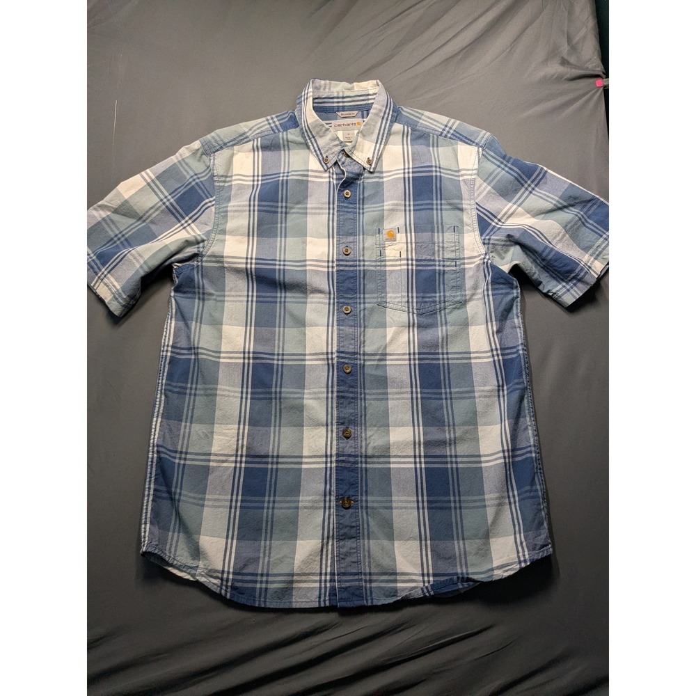 Carhartt Mens Relaxed Fit Short Sleeve Plaid Button Down Shirt Blue M 103005